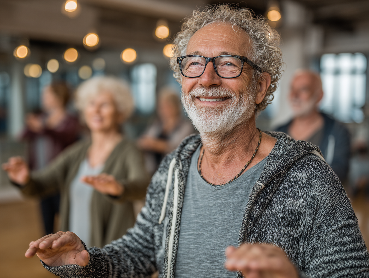 Seniors doing basic fitness exercises in a group setting